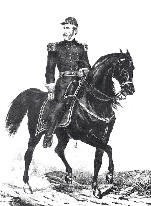 Lithograph depicting Lew Wallace astride his horse Old John