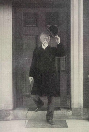 Lew Wallace with cane in hand exiting the Study, ca. 1900.