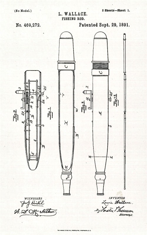A sketch for Lew Wallace's patent for a fishing pole with the reel on the inside