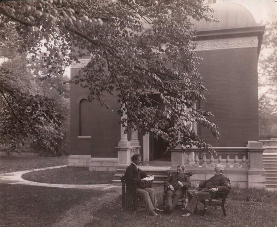 Lew Wallace meeting with Joseph Brooks and William Young, representatives of the Broadway producers Klaw and Erlanger, in front of General Wallace's Study.