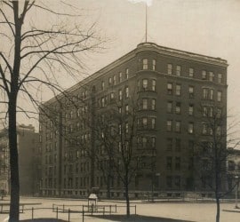 The Blacherne apartment building in Indianapolis; a seven-story brick building with limestone finishes.