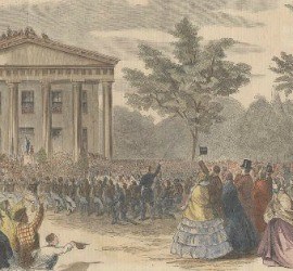 A color print of Lew Wallace delivering his "Remember Buena Vista" speech at the Indiana statehouse; a large crowd listens.
