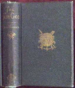The blue cover of The Fair God. The cover has embossed in gold an Aztec shield motif.