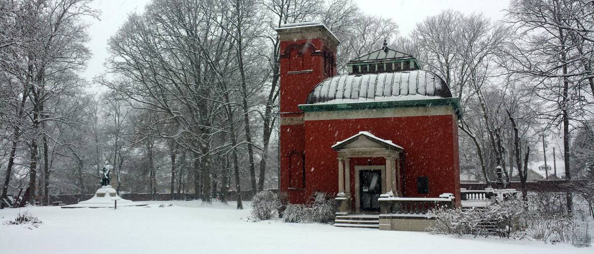The Study in winter, surrounded by snow.
