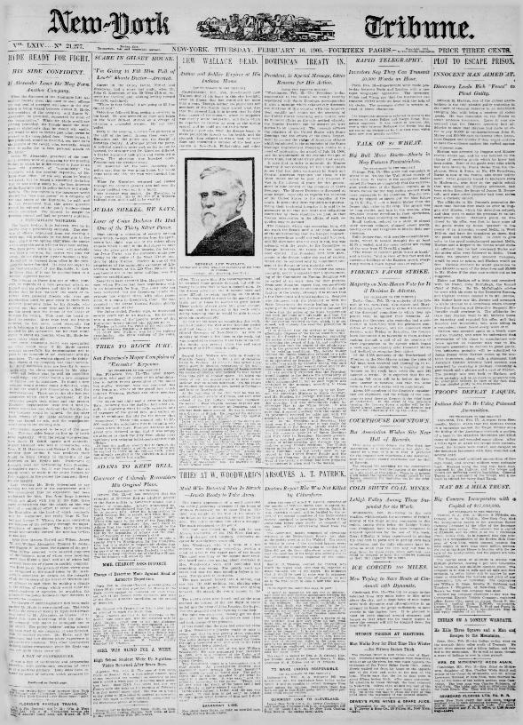 Front page of the New-York Tribune showing Lew Wallace's Obituary