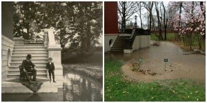 A side-by-side comparison. Left: The Study back terrace steps lead down into the moat. Lew Wallace is sitting in a chair next to his grandson. Right: The Study back terrace steps as they now are, leading down into a garden--which is now flooded with rainwater.