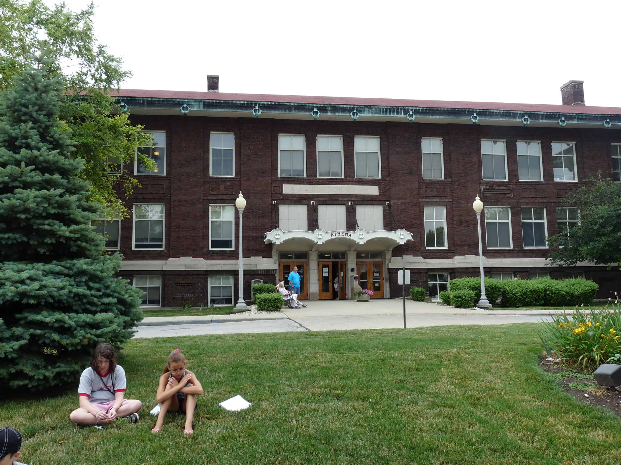 The old Crawfordsville High School, currently the Athena Center. It is a large brick building.