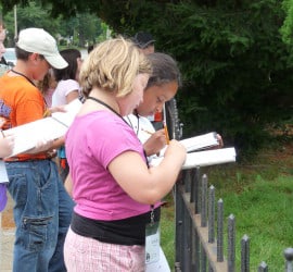 ArchiCamp participants draw a house during their walking tour of Crawfordsville.