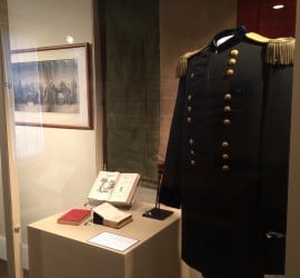 Lew Wallace's Civil War jacket is displayed in a museum case alongside other Civil War artifacts