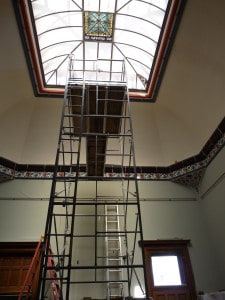 Scaffolding set up inside the General Lew Wallace Study & Museum for the interior paint restoration project