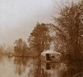 Lew Wallace's houseboat The Thing at sunset in the Kankakee Marsh