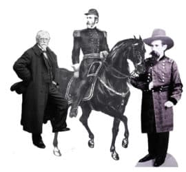Three black and white images of Lew Wallace: One is in his full dress uniform from the Civil War; one is Lew riding his horse Old John; one is Lew Wallace when late in life as an esteemed author