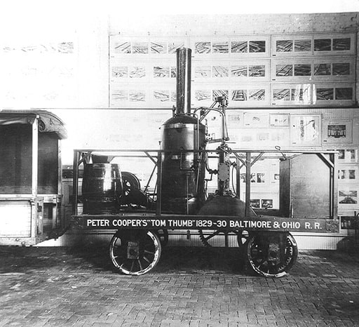 A black and white photograph of a 1927 replica of the Tom Thumb locomotive