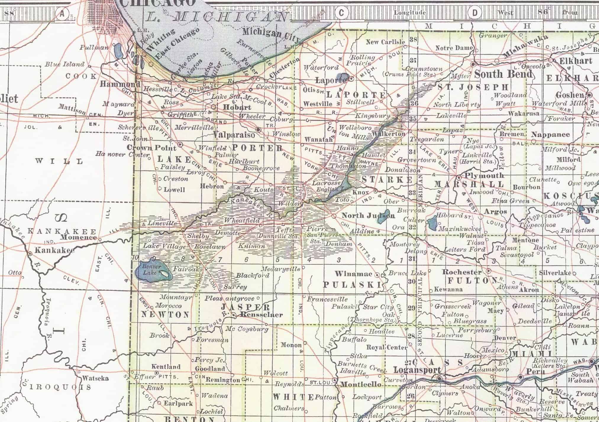 An old map of Indiana shows the Grand Kankakee Marsh, known as the Everglades of the North. The marsh stretches 90 miles from English Lake to the Illinois state line.