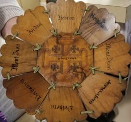 An olive-wood basket the Wallaces brought home from Israel. The basket has Hebrew words engraved on it.