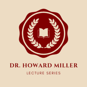 Logo of the Dr. Howard Miller Lecture Series: a wreath of laurel leaves surrounds a book