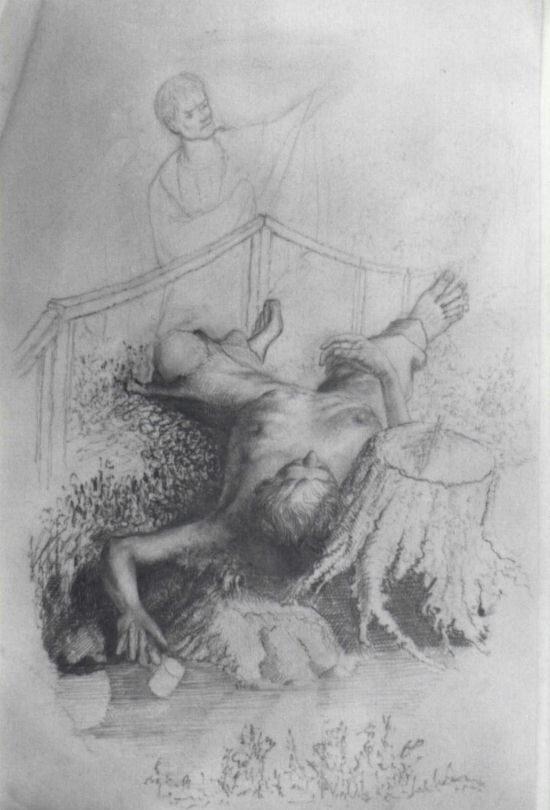 Lew Wallace's concept sketch for his Deadline painting. A man sprawls on the ground, a cup fallen from his hand.