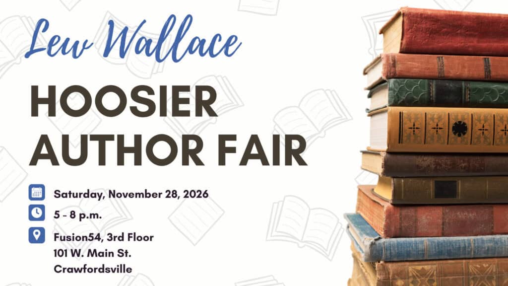 An image of a stack of books with Lew Wallace Hoosier Author Fair on it, plus the date and time of the event