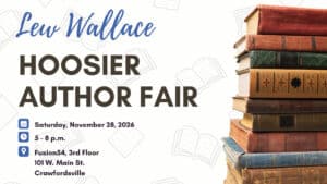 An image of a stack of books with Lew Wallace Hoosier Author Fair on it, plus the date and time of the event